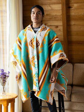 Handwoven Unisex Wool Poncho Pullover Turquoise Southwestern Native American